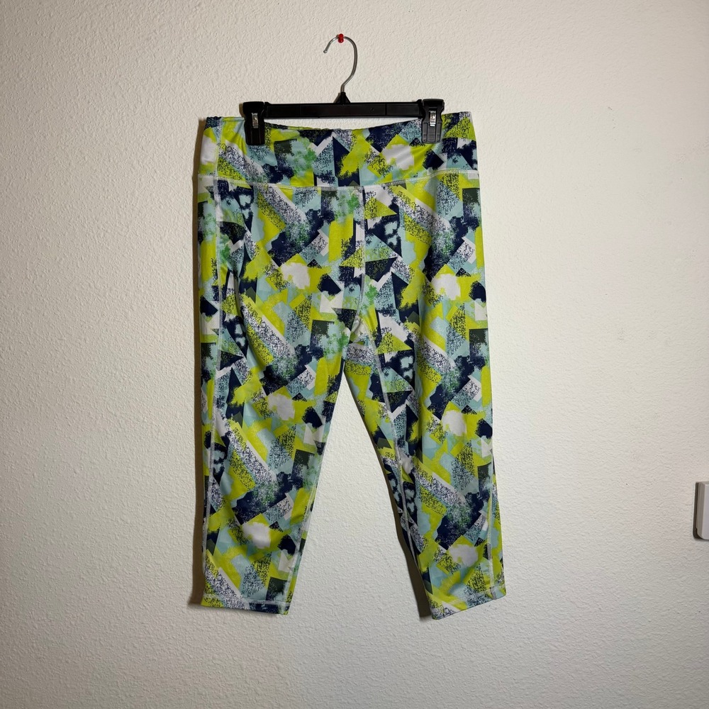 ProPlayer Womens Capri Leggings Lime Green Navy Geometric Abstract Print‎ XL